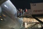 Employees bringing cargo into Air Canada plane at night